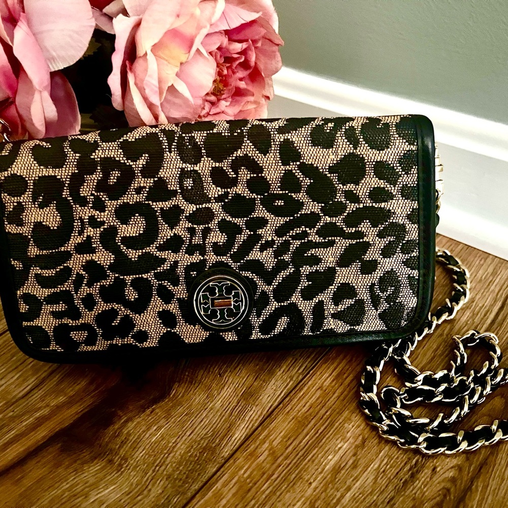 Tory Burch Black and Tan Leopard Print Clutch
